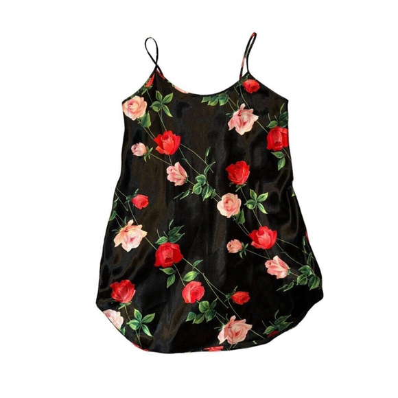 Vintage Y2k Slip Real Rose Print Mini Silky Satin Dress Black Secret Treasures - Picture 1 of 4